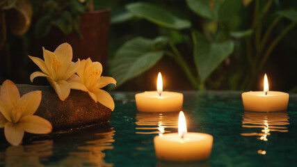 A peaceful and relaxing atmosphere with burning candles and stones on a dark background. Relaxing evening in a cozy Thai resort. Suitable for spa and beauty themes.
