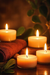 A peaceful and relaxing atmosphere with burning candles on a dark background. Relaxing evening in a cozy Thai resort. Suitable for spa and beauty themes.
