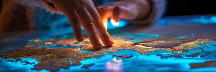 A hand placing the final puzzle pieces on a glowing map, showcasing the concept of world exploration and learning