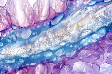 Light micrograph of a section through a lily stem. A thin outer epidermis (dark blue) surrounds a layer of cortex. - obrazy, fototapety, plakaty