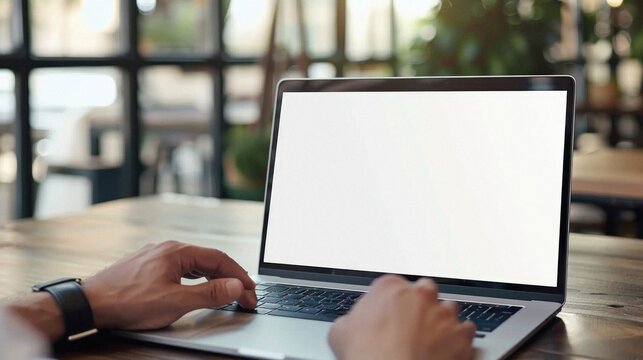 Business person working online or learning using laptop mock up blank white empty screen, hands typing on computer background close up view. Mockup display for ads. Close up view.