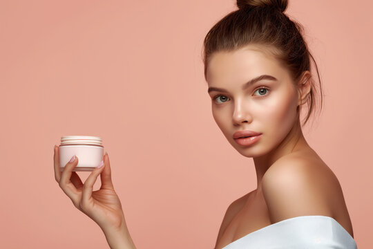 Young woman with facial cream, beauty skincare routine.