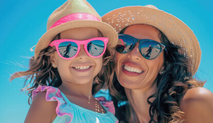 A mother and daughter wearing pink sunglasses, laughing at the camera with a clear blue sky in the background.