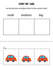 Sort cartoon red toy cars by size. Educational worksheet for kids.