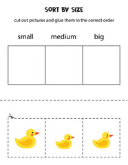 Sort cartoon yellow rubber ducks by size. Educational worksheet for kids.