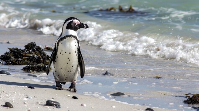 An African penguin basks in the sunlight on a sandy beach while gentle waves lap at the shore, creating a picturesque coastal scene - Powered by Adobe