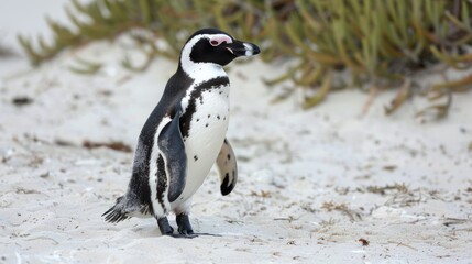 Obraz premium A penguin stands alone among the soft sands, surrounded by delicate dune vegetation, creating a peaceful scene