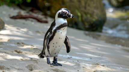 Obraz premium An African Penguin standing confidently on a sandy beach with tropical foliage and ocean waves in the background