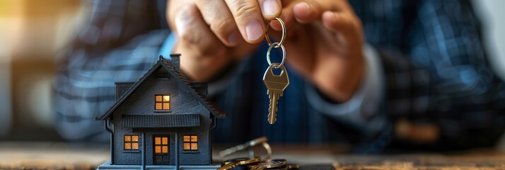 Photo of a real estate agent handing keys to new owners of the house with a miniature house as a resresentation of home. - Powered by Adobe