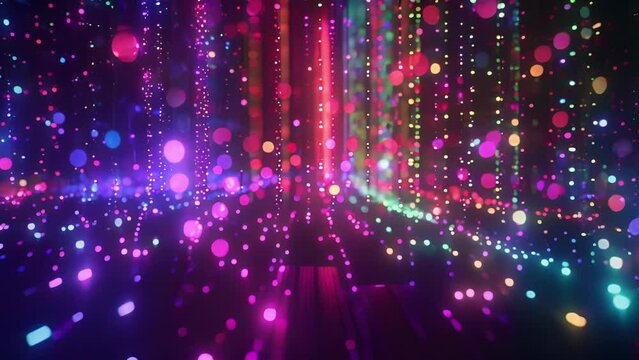 A sea of colorful lights and abstract forms create a mesmerizing backdrop for an event celebrating the latest breakthroughs and advancements in technology and science. .