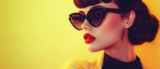 Stylish cool young pinup woman, beautiful pop art pin up lady fashion model wearing bright color...