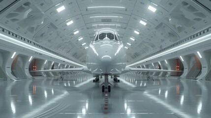 Large Jetliner Parked Inside Hangar