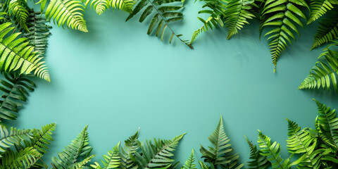 Top view of fresh green fern leaves on vibrant blue background with ample copy space for text, natural botanical concept