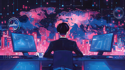 A professional data analyst monitors global activity from a high-tech control room with advanced digital interfaces