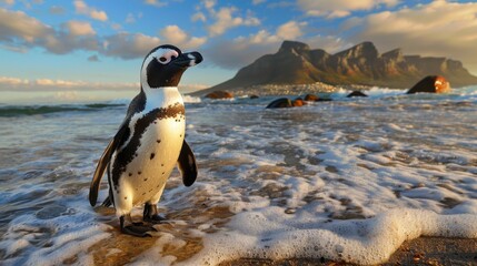Naklejka premium A wild penguin stands on a sandy beach with waves and mountains under a blue sky, invoking a sense of freedom and wanderlust
