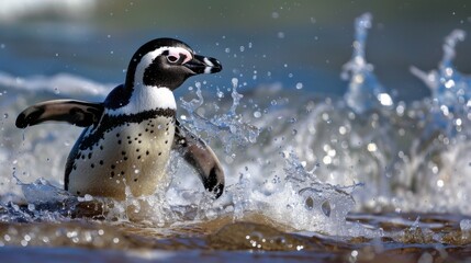 Fototapeta premium An action shot capturing a penguin energetically splashing through the water, symbolizing vitality and the joy of life