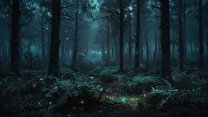Foggy enchanted forest background at night, dense forest with fog detailed style, apocalyptic, illustration, soft tones, horror style, detailed apocalyptic good for musical video or video Ai Generated - obrazy, fototapety, plakaty