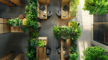 modern open office with a lot of plants top view.