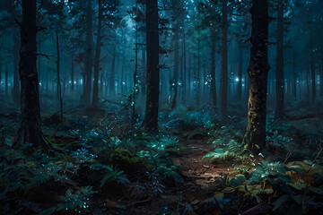 Foggy enchanted forest background at night, dense forest with fog detailed style, apocalyptic, illustration, soft tones, horror style, detailed apocalyptic good for musical video or video Ai Generated