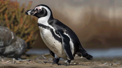 Obraz premium A captivating image of an African penguin standing on sandy shore with blurred background