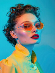 Fototapeta premium Stylish cool young pinup woman, beautiful pop art pin up lady fashion model wearing bright color clothes and retro vintage sunglasses in 50s 60s style posing for portrait on background.