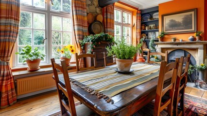 Fototapeta na wymiar English Countryside Style: Country Cottage Dining Room Decor with Dark Wood Furniture. Concept Country Cottage Style, Dining Room Decor, Dark Wood Furniture, English Countryside