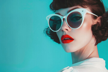 Stylish cool young pinup woman, beautiful pop art pin up lady fashion model wearing bright color clothes and retro vintage sunglasses in 50s 60s style posing for portrait on background.