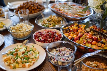 A beautifully arranged spread of different dishes at an elegant wedding party, including fruit...