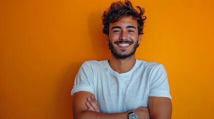 A young crazy man smiling to camera with crossed arms and a happy, confident, satisfied expression, lateral view against orange wall