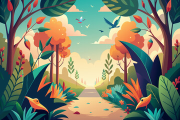 A colorful, cartoonish drawing of a forest with a road running through it