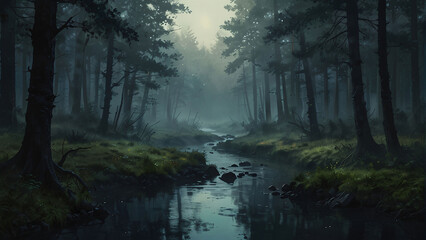 Obraz premium Foggy enchanted forest background at night, dense forest with fog detailed style, apocalyptic, illustration, soft tones, horror style, detailed apocalyptic good for musical video or video Ai Generated