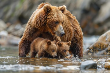 A mother bear teaching her cubs to fish in a mountain stream, capturing a moment of learning and survival bear and bear cubs in the summer forest Natural Habitat. Picture of a big brown bear