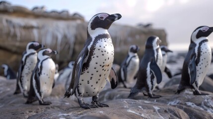 Obraz premium An image of an individual penguin standing prominently in the foreground with peers in the backdrop