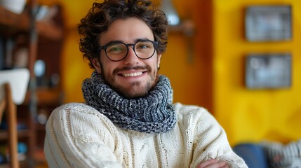 A Young handsome caucasian man wearing glasses and casual winter sweater over yellow background happy face smiling with crossed arms looking at the camera, Positive person