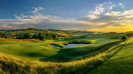 Fototapeta premium Experience Elegance and Energy: Golf's Grandeur from Serene Sunrises to Futuristic Fairways