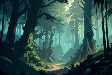 A forest scene with a path leading through it