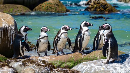 Fototapeta premium Vibrant image capturing penguins lined up on seaside rocks as waves crash against the shore in the background