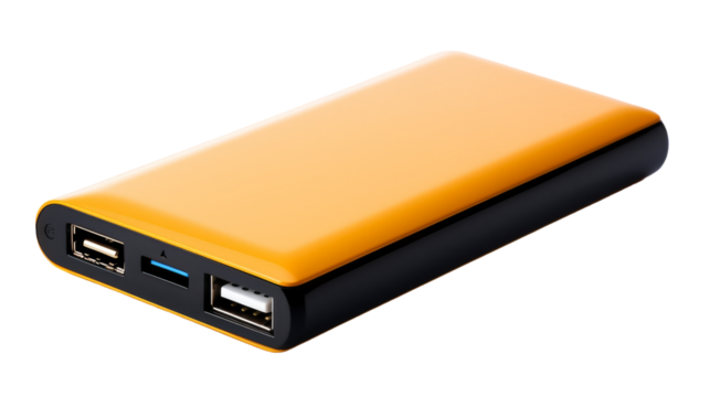 A vivid yellow and black power bank rests elegantly on a sleek white surface on transparent background