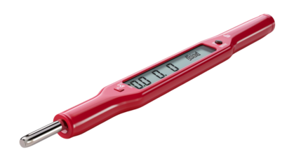 A digital thermometer sits atop a white background, displaying a precise temperature measurement on transparent background