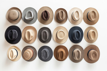 Overhead view of a diverse collection of hats and caps organized neatly on a white surface
