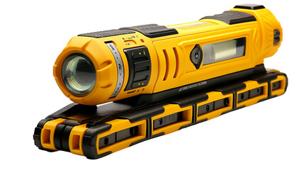 A vibrant yellow and black flashlight shining brightly on a white background on transparent background