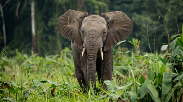 An adorable elephant calf with small tusks stands amid tall green grass, showcasing the beauty of wildlife
