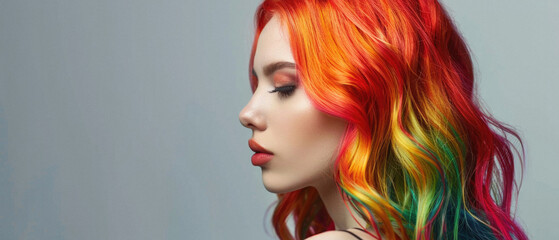 Stylish cool young woman, hipster girl model with trendy rainbow colors hair looking at camera posing for portrait on background. Ombre bright hairstyles, beauty hair coloring, colorist ads.
