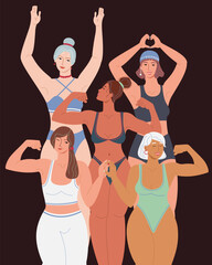 Multiracial women of different height, figure type and size dressed in swimsuits standing in row. Love your body. Body positive movement and beauty diversity. Flat graphic vector illustration.