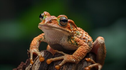 Obraz premium Captivating portrait of an orange frog with textured skin sitting boldly on tree bark in a focused stance