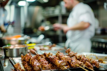 Sticks with pieces of meat are getting prepared in a restaurant kitchen with the chef blurry in the background.