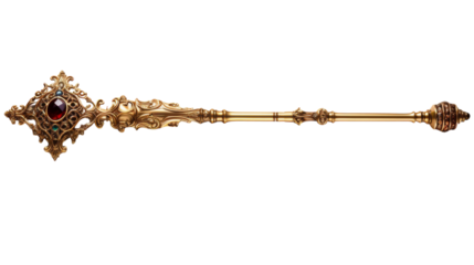 A luxurious gold and red handle with intricate details against a clean white backdrop on transparent background