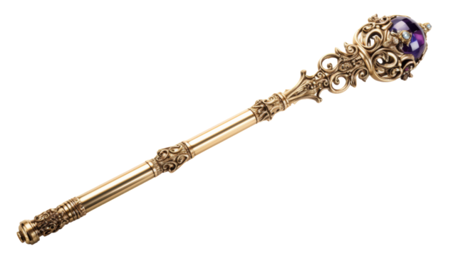 A stunning wand crafted from ornate gold and shimmering amethyst purple glass on transparent background