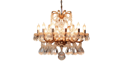 A luxurious chandelier adorned with numerous sparkling lights on transparent background