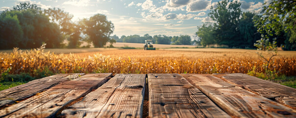 Close-up auf einen Tisch mit Getreidefeld und Traktor im Hintergrund. Tisch mit Freiraum f&uuml;r Produktpr&auml;sentation und Textfreiraum. Panorama Banner Format
